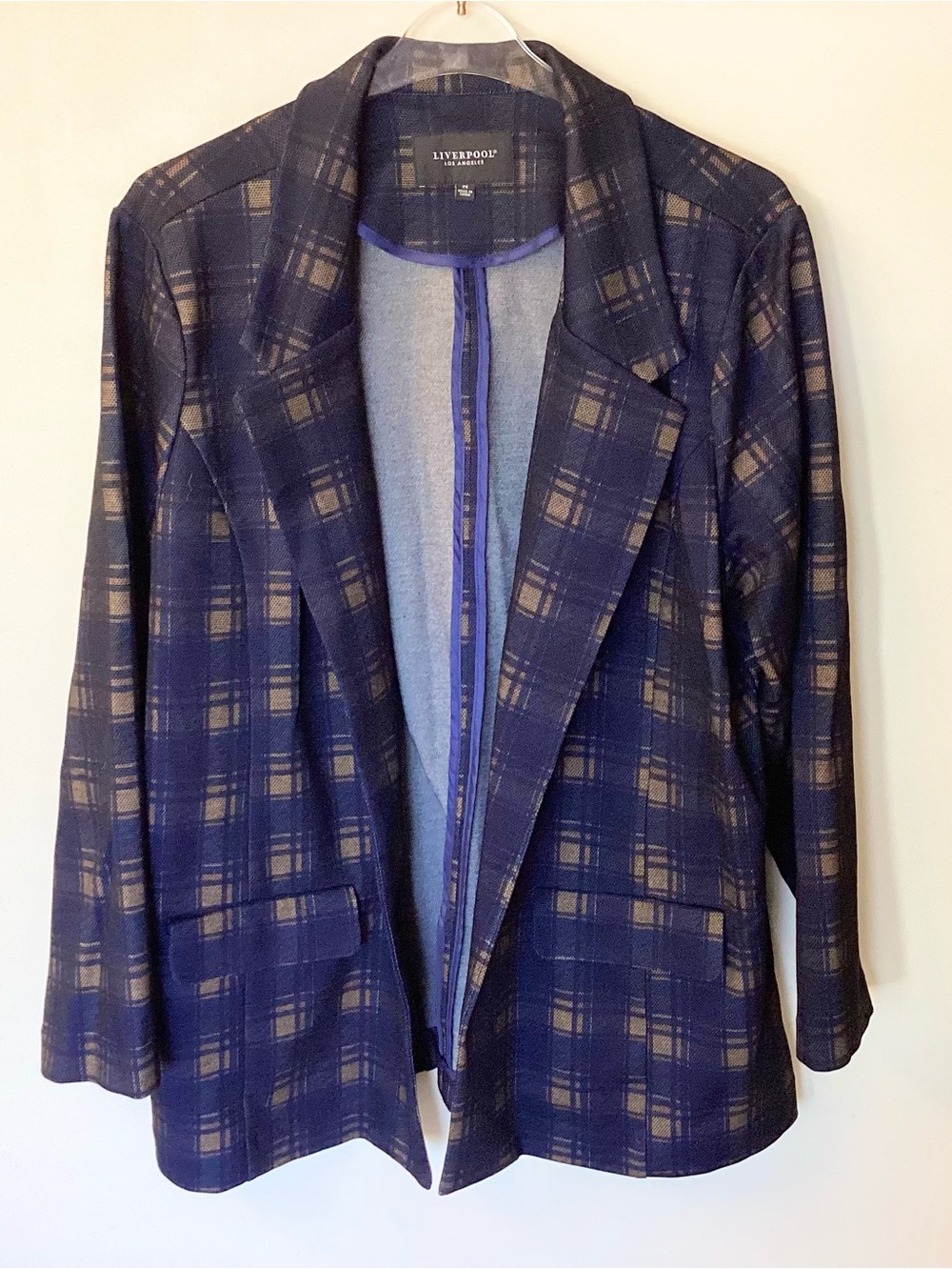 Liverpool Plaid Boyfriend Knit Blazer - Navy/Tan - 2X